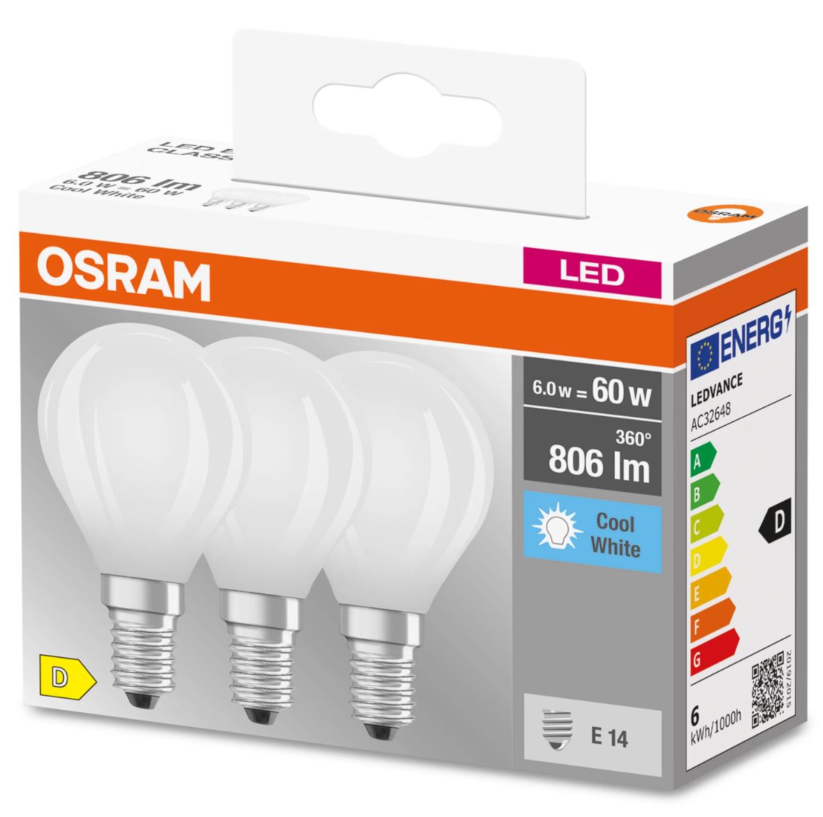Osram LED Base Tropfen P matt 300° 6-60W/840 neutralweiß 806lm E14 220-240V 3er Pack