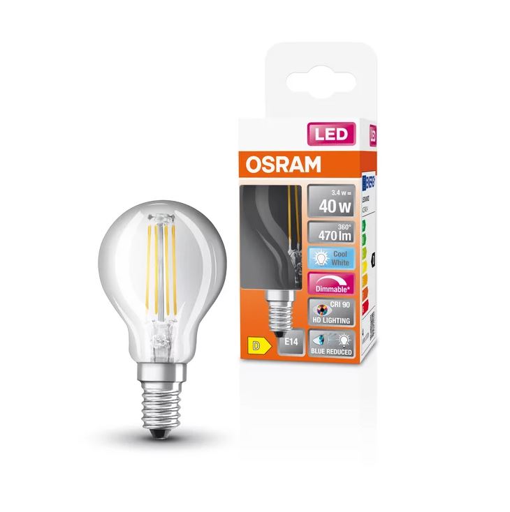 Osram LED Filament Superstar+ Tropfen P klar 300° 3,4-40W/940 neutralweiß 470lm E14 220-240V dimmbar