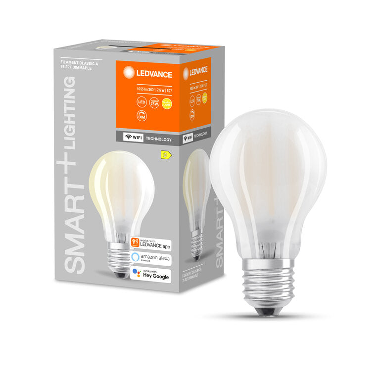 Osram / Ledvance LED Filament WIFI Smart+ Classic A matt 300° 7,5-75W/827 warmweiß 1055lm E27 220-240V dimmbar