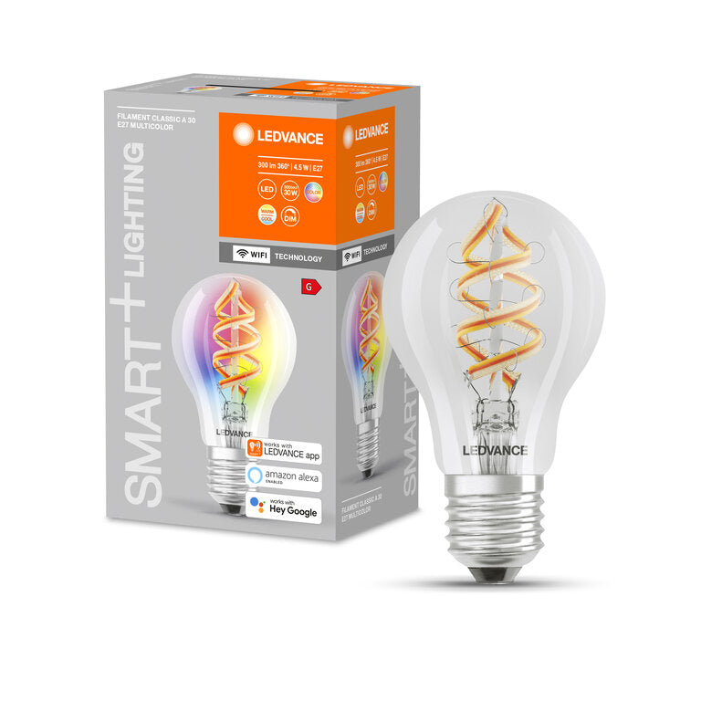 Osram / Ledvance LED Filament WIFI Smart+ Classic A klar 300° 4,5-30W/827 warmweiß 300lm E27 220-240V dimmbar