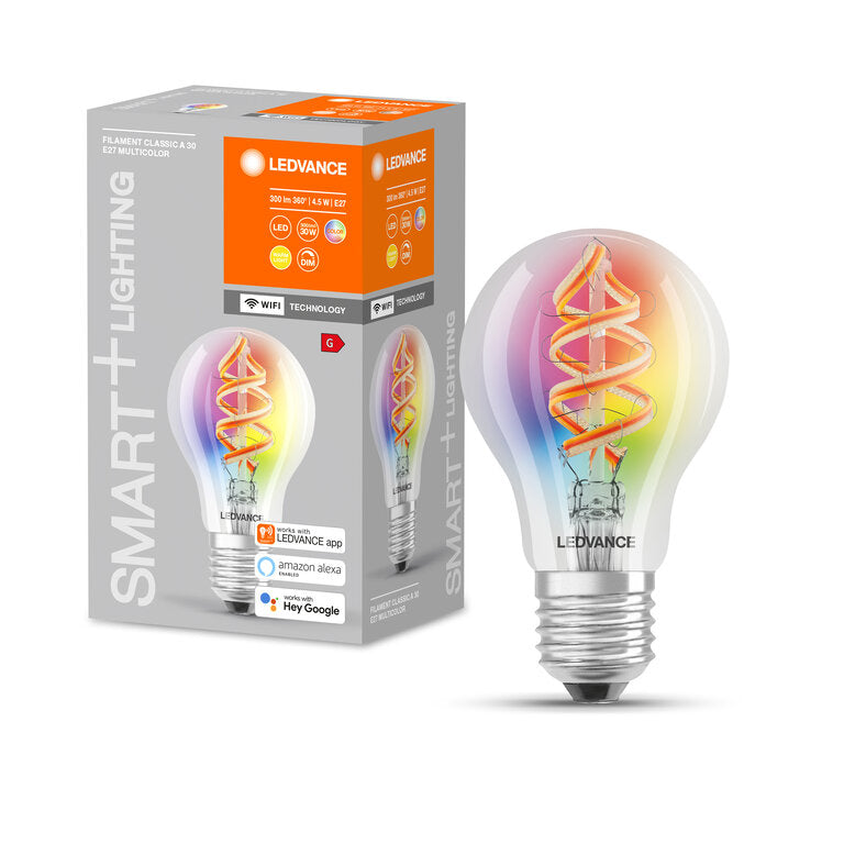 Osram / Ledvance LED Filament WIFI Smart+ Classic A klar 300° 4,5-30W/827 warmweiß 300lm E27 220-240V dimmbar