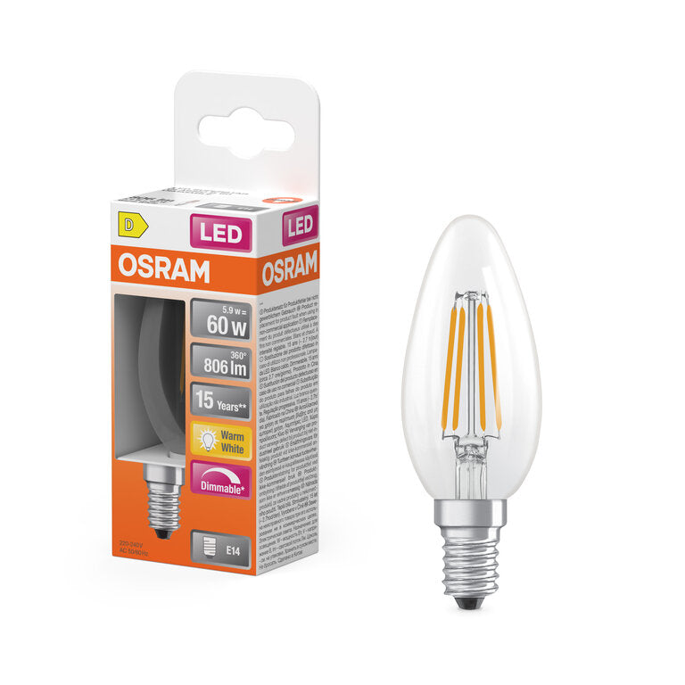 Osram / Ledvance LED Filament Superstar Kerze B klar 300° 5,9-60W/827 warmweiß 806lm E14 220-240V dimmbar