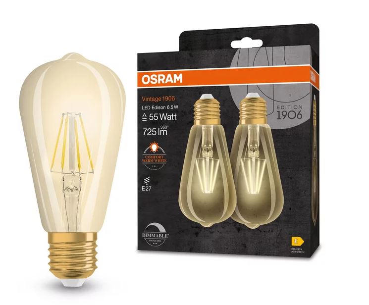 Osram LED Filament Vintage 1906 Edison ST64 gold 300° 6,5-55W/824 extra warmweiß 725lm E27 220-240V dimmbar 2er Blister