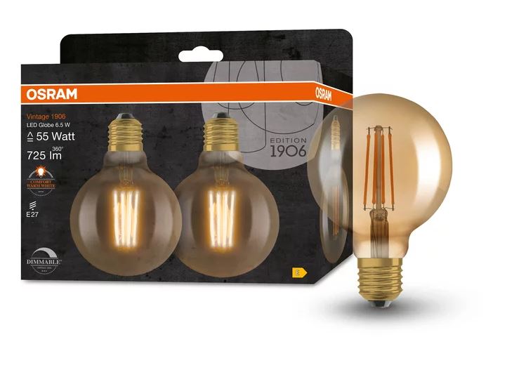 Osram LED Filament Vintage 1906 Globe G95 klar 300° 6,5-55W/824 extra warmweiß 725lm E27 220-240V dimmbar 2er Blister