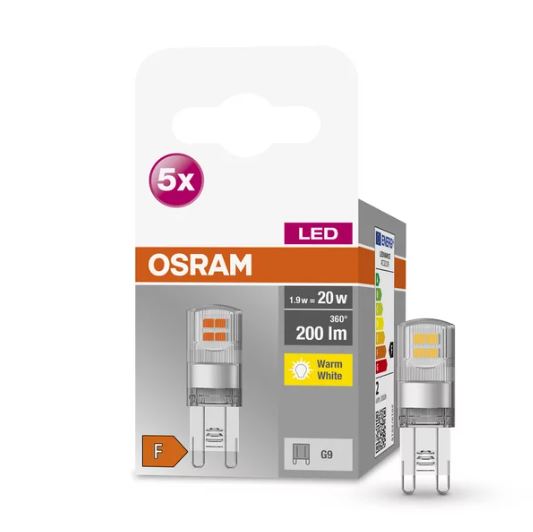 Osram LED Base 300° Pin 1,9-20W/827 warmweiß 200lm G9 220-240V 5er Blister