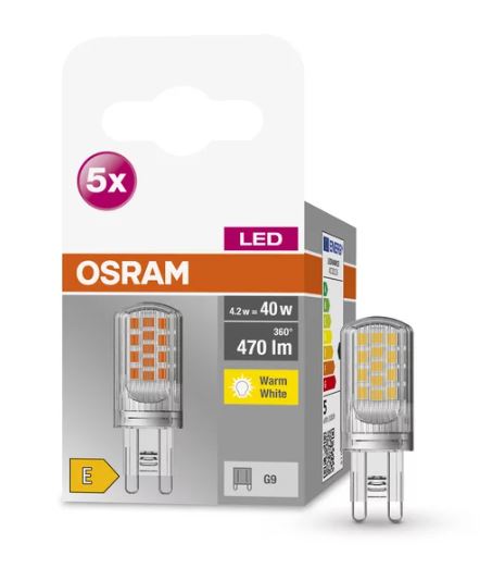 Osram LED Base 300° Pin 4,2-40W/827 warmweiß 470lm G9 220-240V 5er Blister