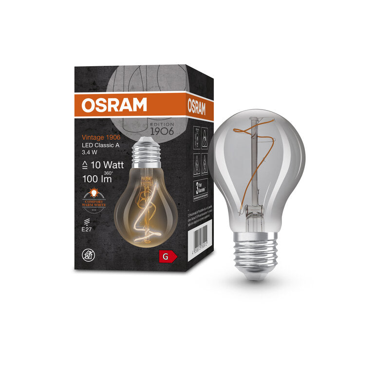 Osram / Ledvance LED Filament Vintage 1906 Classic A rauchig 320° 3,4-10W/818 extra warmweiß 100lm E27 220-240V