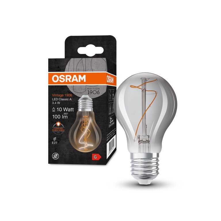 Osram / Ledvance LED Filament Vintage 1906 Classic A rauchig 320° 3,4-10W/818 extra warmweiß 100lm E27 220-240V