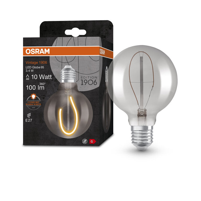 Osram / Ledvance LED Filament Vintage 1906 Globe G95 rauchig 320° 3,4-10W/818 extra warmweiß 100lm E27 220-240V