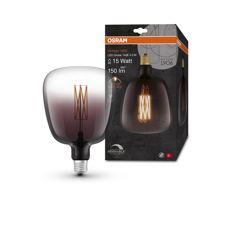 Osram / Ledvance LED Filament Vintage 1906 Globe G140 klar 220° 4,5-15W/816 extra warmweiß 150lm E27 220-240V dimmbar