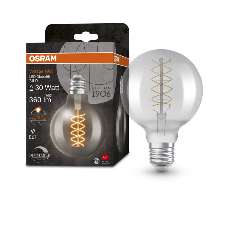 Osram / Ledvance LED Filament Vintage 1906 Globe G95 rauchig 320° 7,8-30W/818 extra warmweiß 360lm E27 220-240V dimmbar