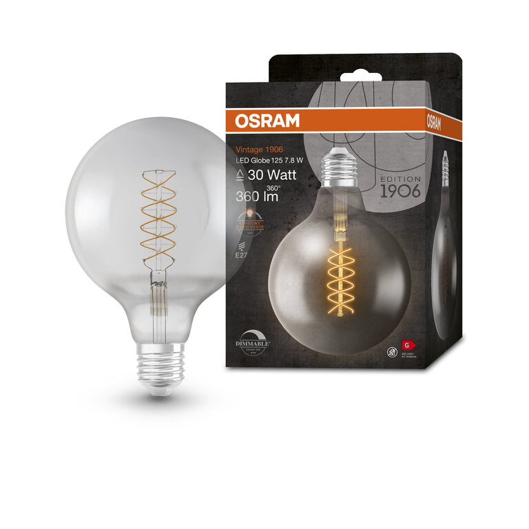 Osram / Ledvance LED Filament Vintage 1906 Globe G125 rauchig 320° 7,8-30W/818 extra warmweiß 360lm E27 220-240V dimmbar
