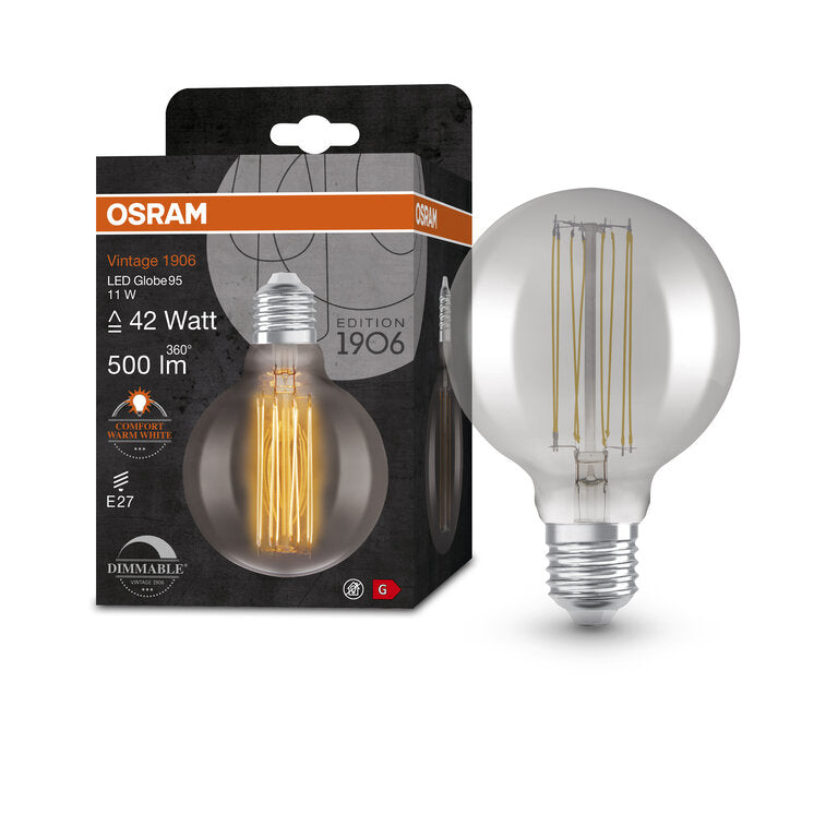 Osram / Ledvance LED Filament Vintage 1906 Globe G95 rauchig 320° 11-42W/818 extra warmweiß 500lm E27 220-240V dimmbar