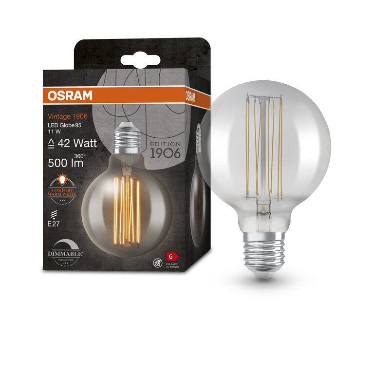 Osram / Ledvance LED Filament Vintage 1906 Globe G95 rauchig 320° 11-42W/818 extra warmweiß 500lm E27 220-240V dimmbar