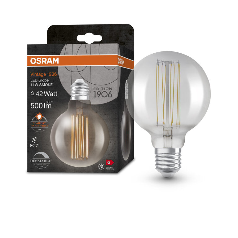 Osram / Ledvance LED Filament Vintage 1906 Globe G95 rauchig 320° 11-42W/818 extra warmweiß 500lm E27 220-240V dimmbar