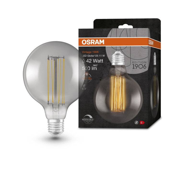 Osram / Ledvance LED Filament Vintage 1906 Globe G125 rauchig 320° 11-42W/818 extra warmweiß 500lm E27 220-240V dimmbar