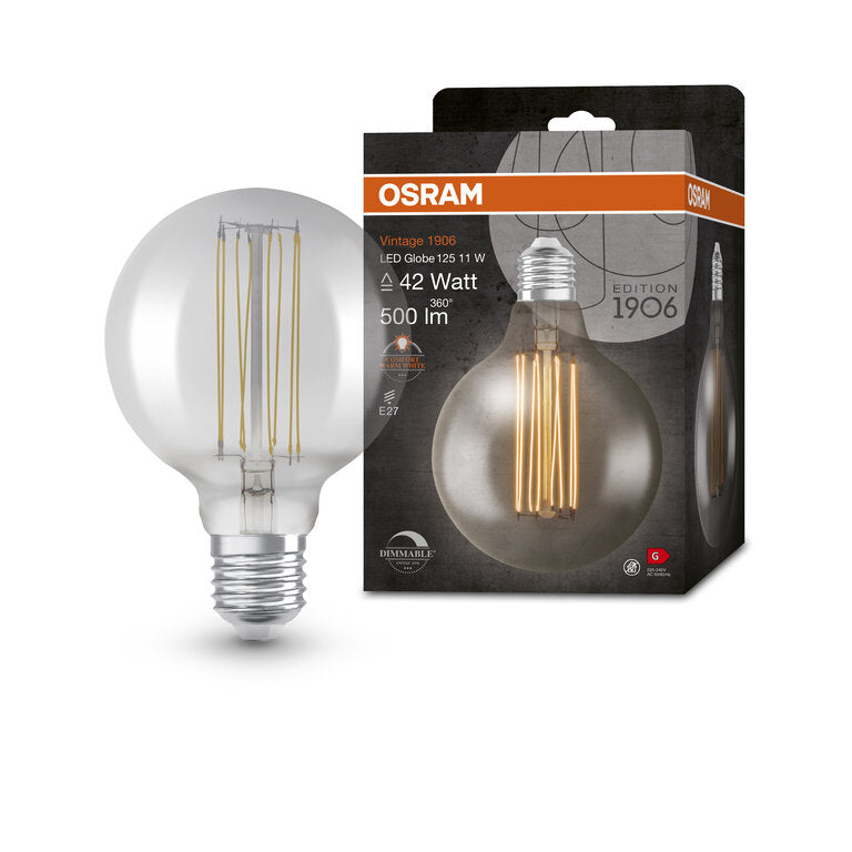 Osram / Ledvance LED Filament Vintage 1906 Globe G125 rauchig 320° 11-42W/818 extra warmweiß 500lm E27 220-240V dimmbar