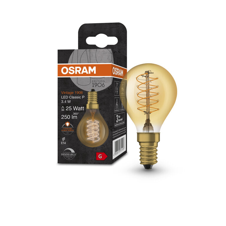 Osram / Ledvance LED Filament Vintage 1906 Classic P gold 320° 3,4-25W/822 extra warmweiß 250lm E14 220-240V dimmbar