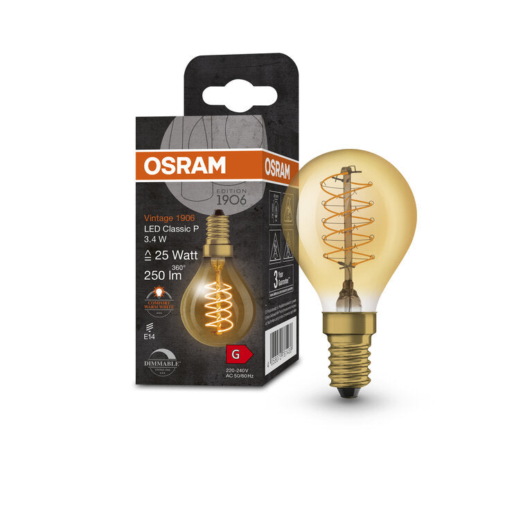 Osram / Ledvance LED Filament Vintage 1906 Classic P gold 320° 3,4-25W/822 extra warmweiß 250lm E14 220-240V dimmbar