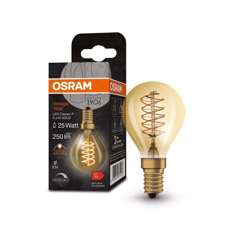 Osram / Ledvance LED Filament Vintage 1906 Classic P gold 320° 3,4-25W/822 extra warmweiß 250lm E14 220-240V dimmbar
