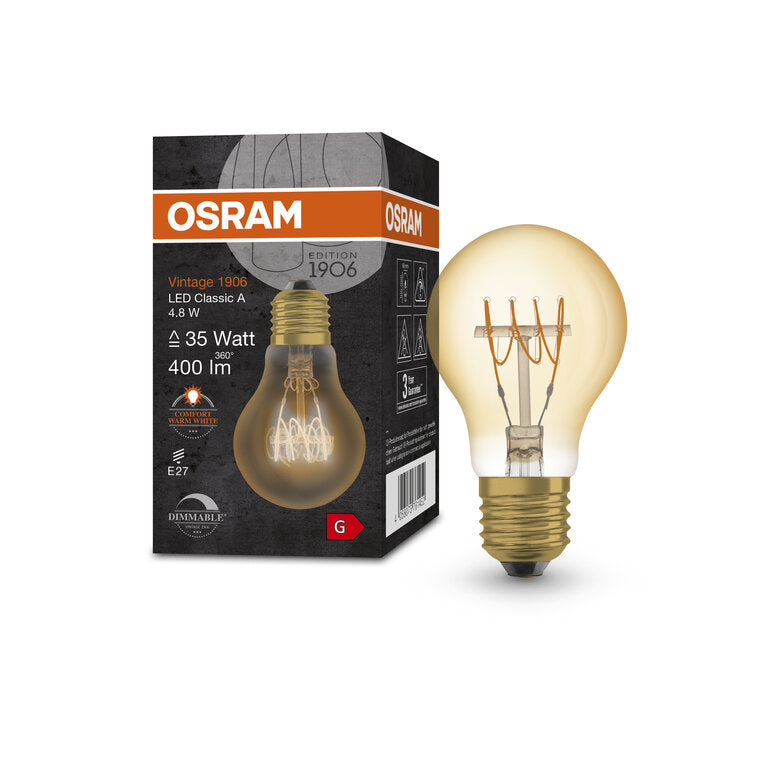Osram / Ledvance LED Filament Vintage 1906 Classic A gold 320° 4,8-35W/822 extra warmweiß 400lm E27 220-240V dimmbar