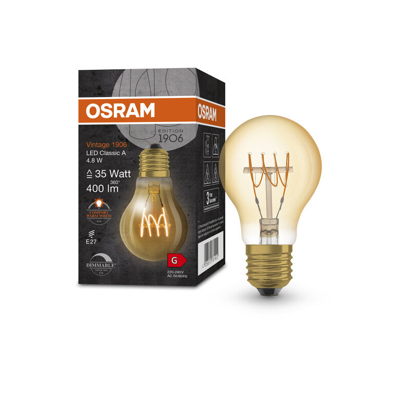 Osram / Ledvance LED Filament Vintage 1906 Classic A gold 320° 4,8-35W/822 extra warmweiß 400lm E27 220-240V dimmbar