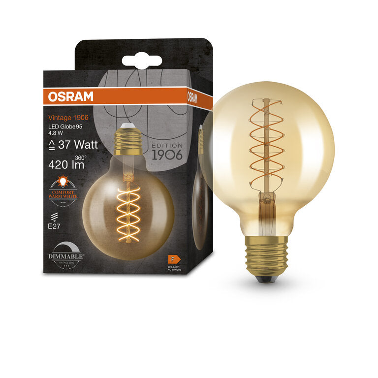 Osram / Ledvance LED Filament Vintage 1906 Globe G95 gold 320° 4,8-37W/822 extra warmweiß 420lm E27 220-240V dimmbar