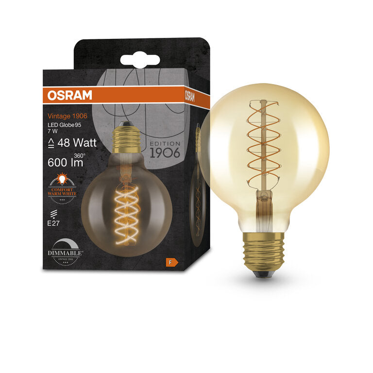 Osram / Ledvance LED Filament Vintage 1906 Globe G95 gold 320° 7-48W/822 extra warmweiß 600lm E27 220-240V dimmbar