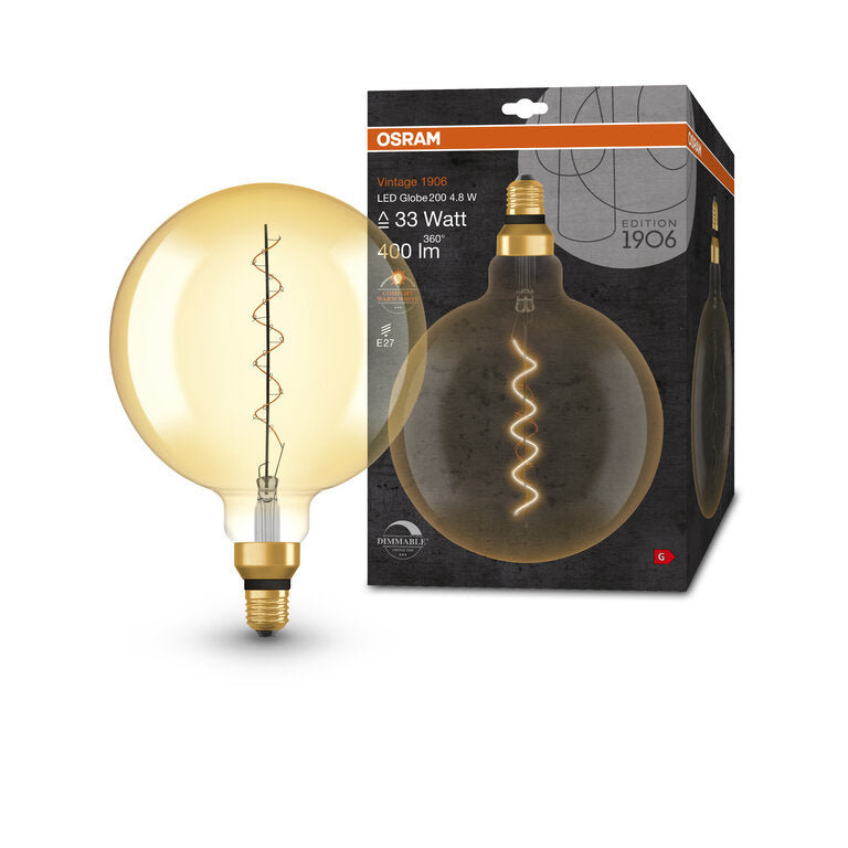 Osram / Ledvance LED Filament Vintage 1906 Globe G200 klar 320° 4,8-33W/822 extra warmweiß 400lm E27 220-240V dimmbar