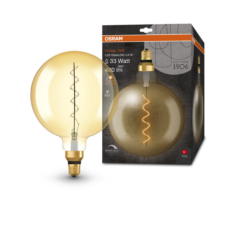 Osram / Ledvance LED Filament Vintage 1906 Globe G200 klar 320° 4,8-33W/822 extra warmweiß 400lm E27 220-240V dimmbar