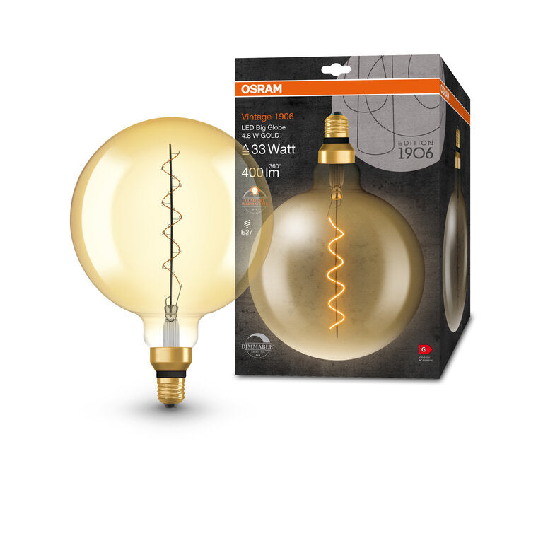 Osram / Ledvance LED Filament Vintage 1906 Globe G200 klar 320° 4,8-33W/822 extra warmweiß 400lm E27 220-240V dimmbar