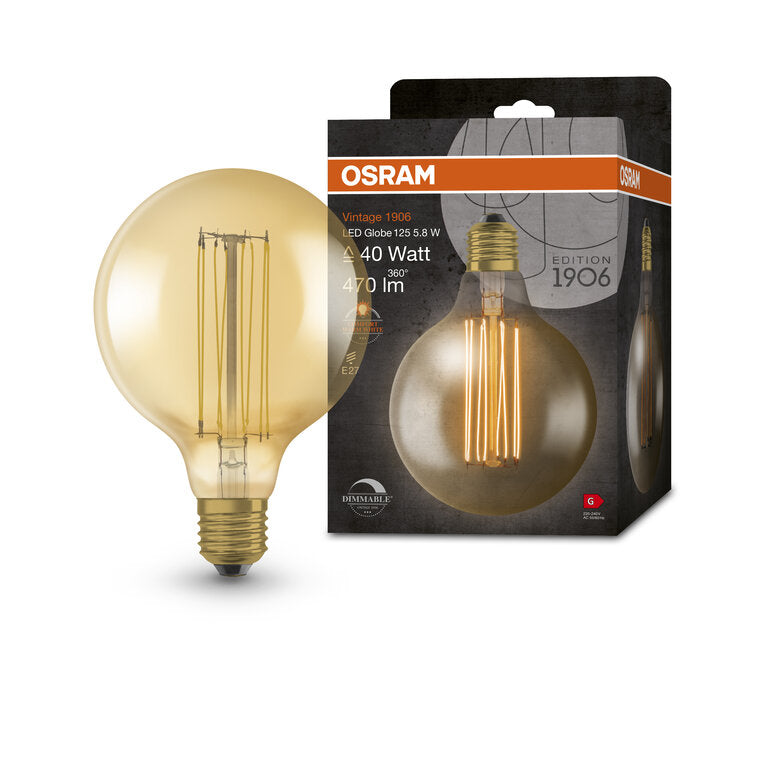 Osram / Ledvance LED Filament Vintage 1906 Globe G125 gold 320° 5,8-40W/822 extra warmweiß 470lm E27 220-240V dimmbar