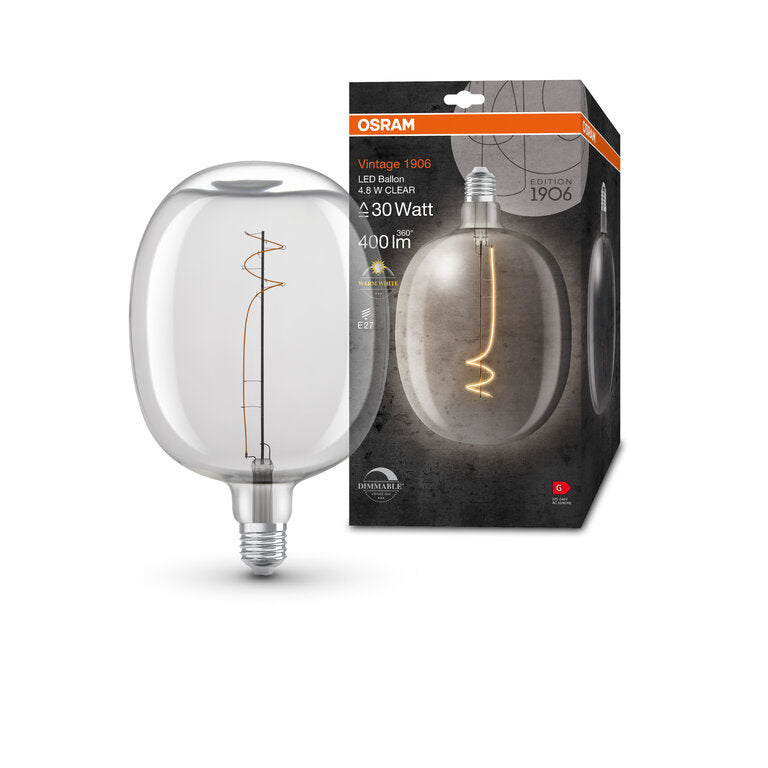 Osram / Ledvance LED Filament Vintage 1906 Ballon klar 320° 4,8-30W/827 warmweiß 400lm E27 220-240V dimmbar