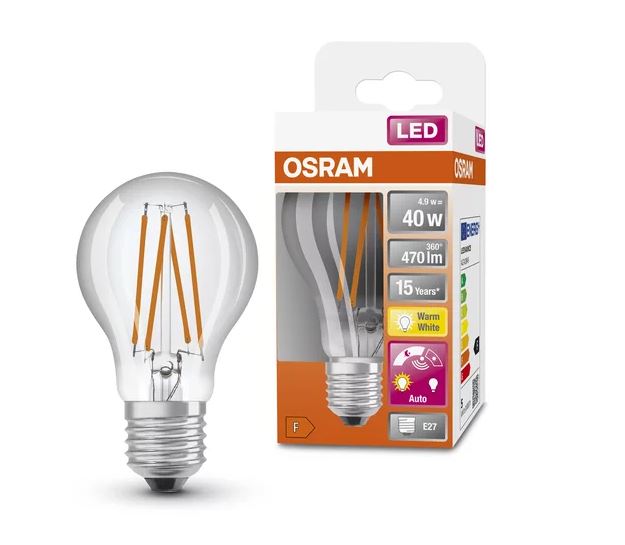 Osram / Ledvance LED Filament Star Classic A klar 320° Sensor 4,9-40W/827 warmweiß 470lm E27 220-240V