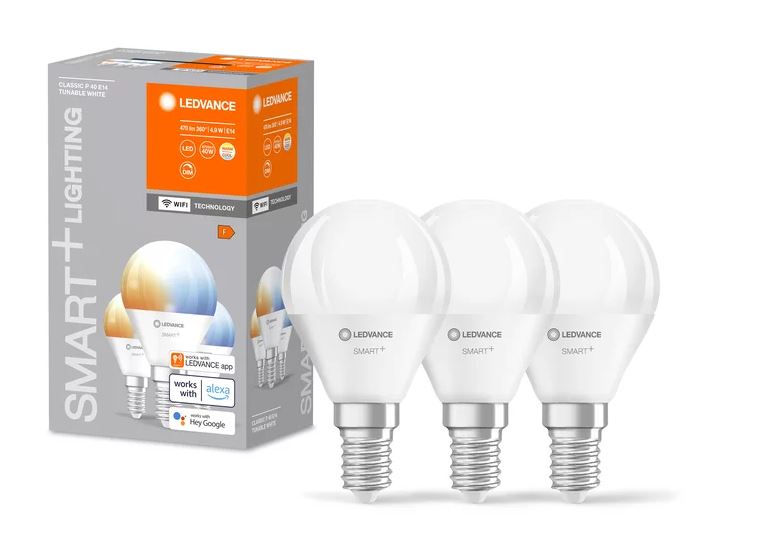 Ledvance LED WIFI Smart+ Tropfen P40 matt 180° 4,9-40W/827-865 abstimmbares Weiß 470lm E14 220-240V dimmbar 3er Pack