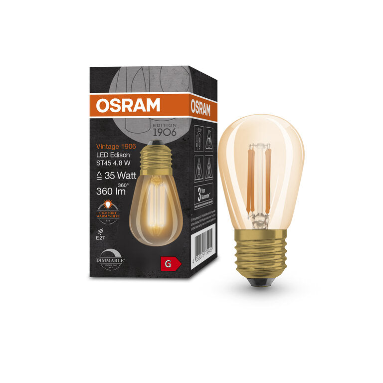 Osram / Ledvance LED Filament Vintage 1906 Mini Edison klar 320° 4,8-33W/822 extra warmweiß 360lm E27 220-240V dimmbar