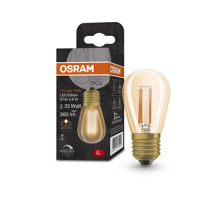 Osram / Ledvance LED Filament Vintage 1906 Mini Edison klar 320° 4,8-33W/822 extra warmweiß 360lm E27 220-240V dimmbar