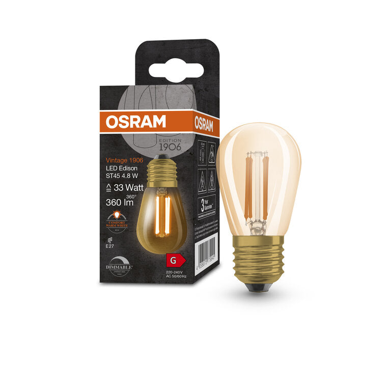 Osram / Ledvance LED Filament Vintage 1906 Mini Edison klar 320° 4,8-33W/822 extra warmweiß 360lm E27 220-240V dimmbar