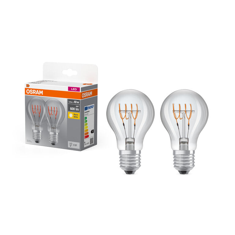Osram / Ledvance LED Filament Base Classic A klar 320° 5,9-48W/827 warmweiß 600lm E27 220-240V 2er Pack