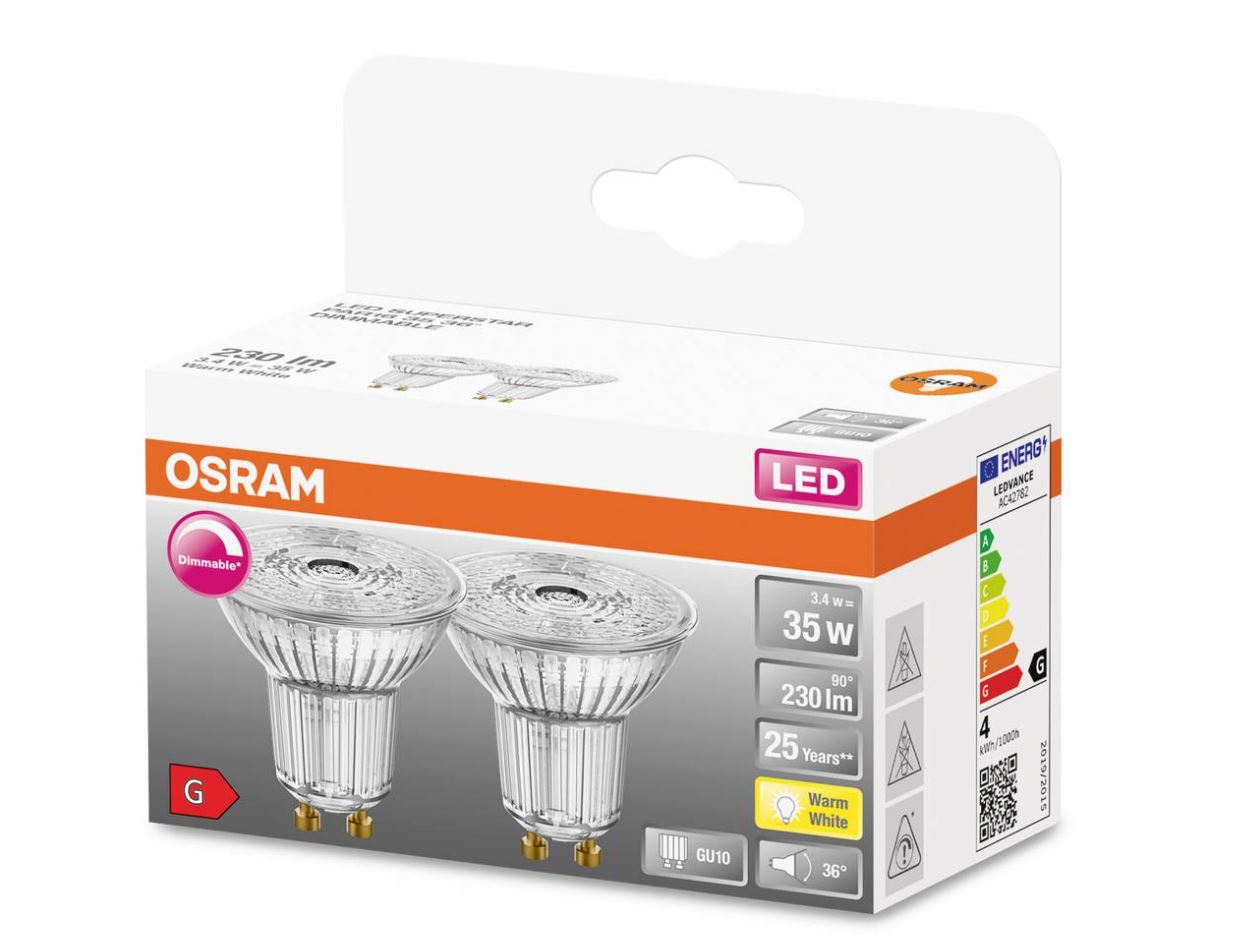Osram LED Superstar Reflektor PAR16 36° 3,4-35W/927 warmweiß 230lm GU10 220-240V dimmbar 2er Blister