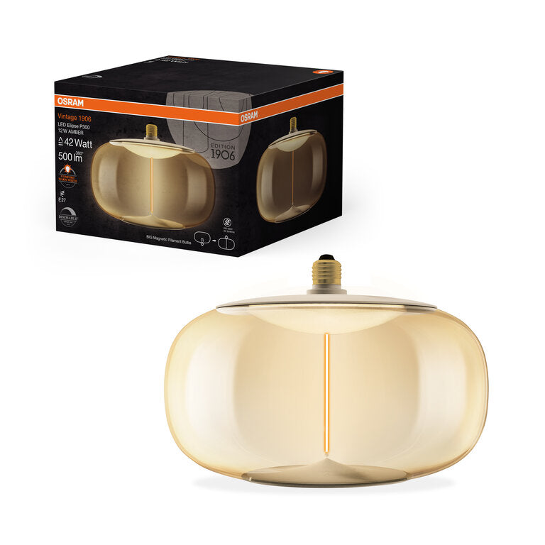 Osram / Ledvance LED Filament Vintage 1906 Big Elipse klar 320° Magnetic 12-42W/818 extra warmweiß 500lm E27 220-240V dimmbar