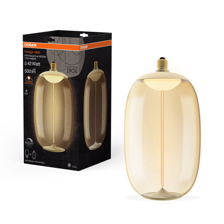 Osram / Ledvance LED Filament Vintage 1906 Big Elipse Oval klar 320° Magnetic 12-42W/818 extra warmweiß 500lm E27 220-240V dimmbar