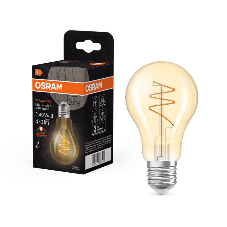 Osram / Ledvance LED Filament Vintage 1906 Classic A klar 300° Spiral 4,9-40W/922 extra warmweiß 470lm E27 220-240V