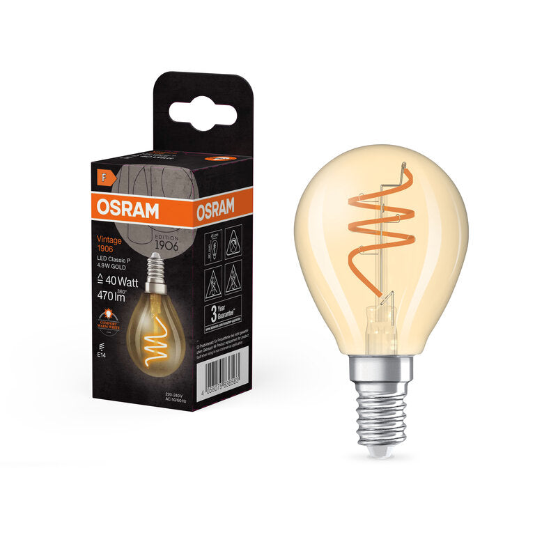 Osram / Ledvance LED Filament Vintage 1906 Tropfen P klar 300° Spiral 4,9-40W/922 extra warmweiß 470lm E14 220-240V