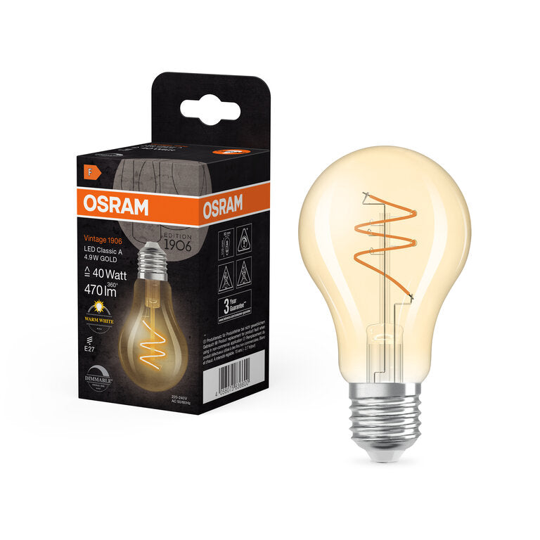 Osram / Ledvance LED Filament Vintage 1906 Classic A klar 300° Spiral 4,9-40W/927 warmweiß 470lm E27 220-240V dimmbar