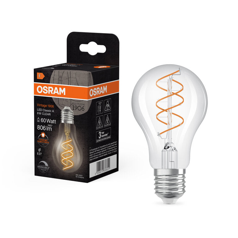 Osram / Ledvance LED Filament Vintage 1906 Classic A klar 300° Spiral 8-60W/922 extra warmweiß 806lm E27 220-240V dimmbar