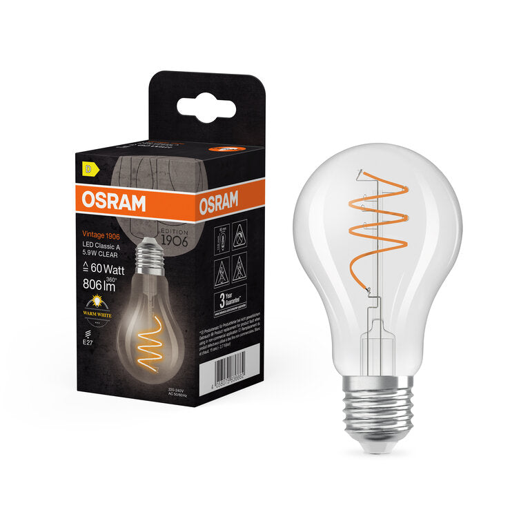Osram / Ledvance LED Filament Vintage 1906 Classic A klar 300° Spiral 5,9-60W/827 warmweiß 806lm E27 220-240V