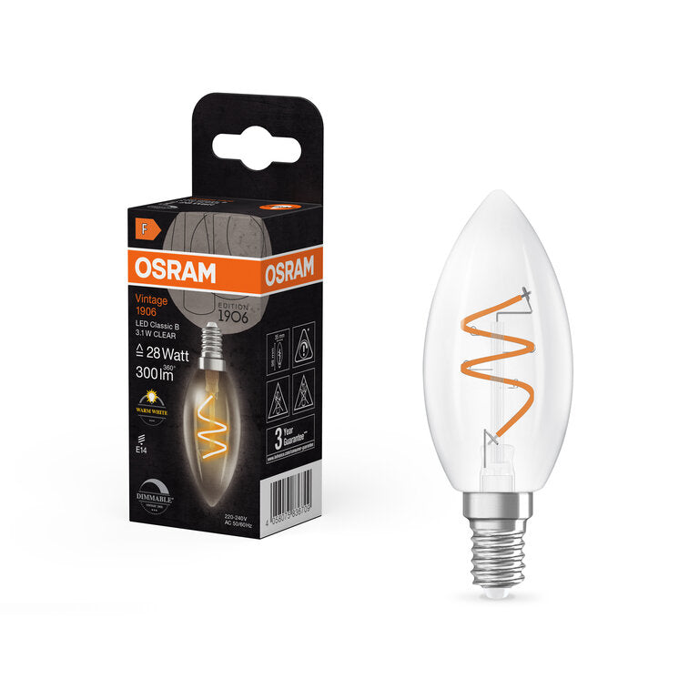 Osram / Ledvance LED Filament Vintage 1906 Kerze B klar 300° Spiral 3,1-28W/927 warmweiß 300lm E14 220-240V dimmbar