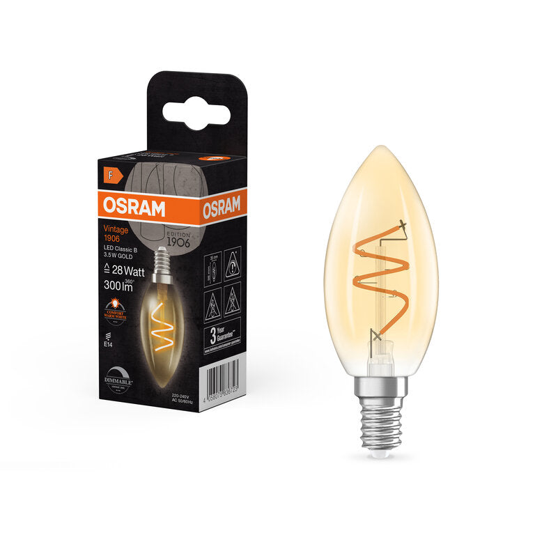 Osram / Ledvance LED Filament Vintage 1906 Kerze B klar 300° Spiral 3,5-28W/922 extra warmweiß 300lm E14 220-240V dimmbar