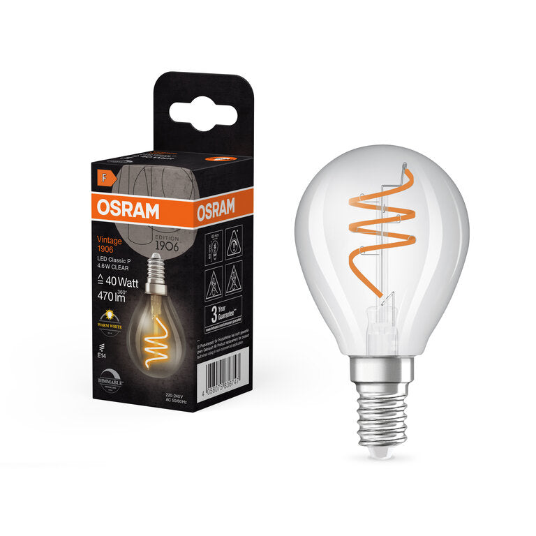 Osram / Ledvance LED Filament Vintage 1906 Tropfen P klar 300° Spiral 4,6-40W/927 warmweiß 470lm E14 220-240V dimmbar